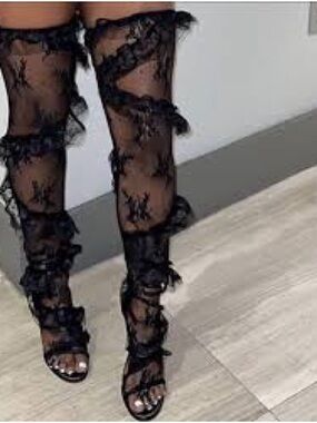 Black Sheer Lace Ruffle Thigh-High LEG WARMERS NOT SHOES